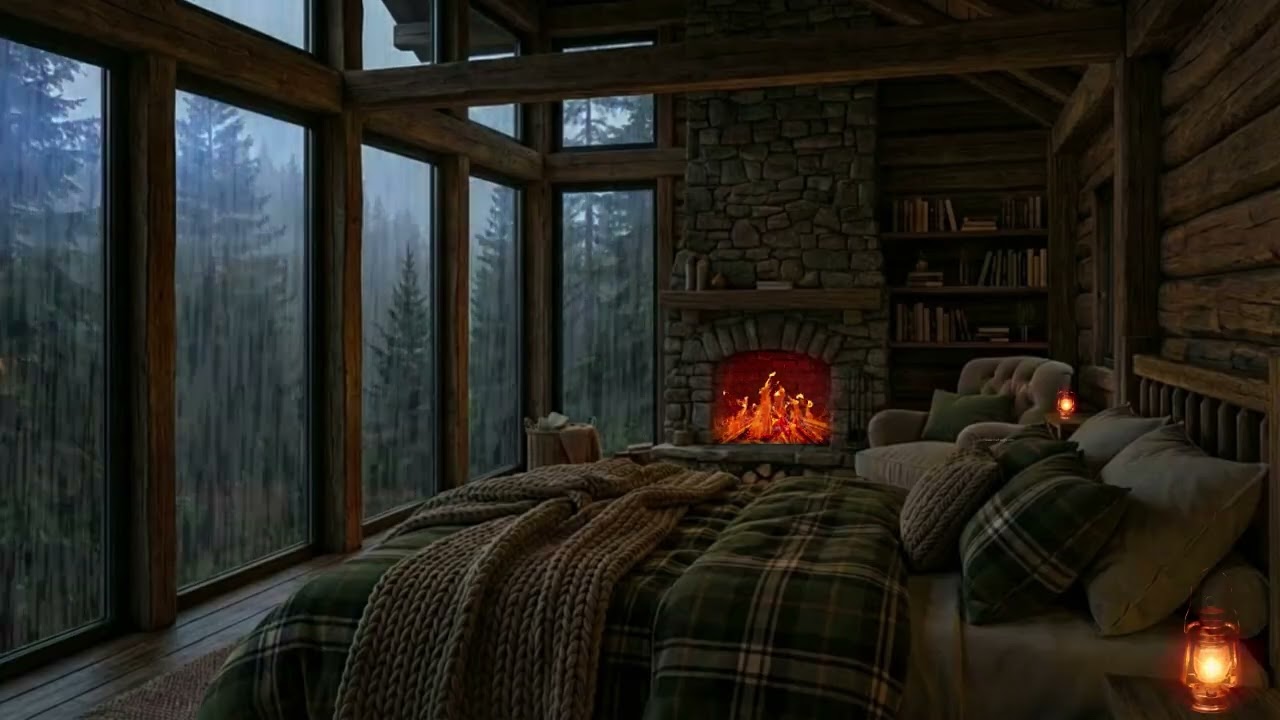 Cozy Cabin Fireplace Ambience | Relaxing Fireplace And Rainfall Sound