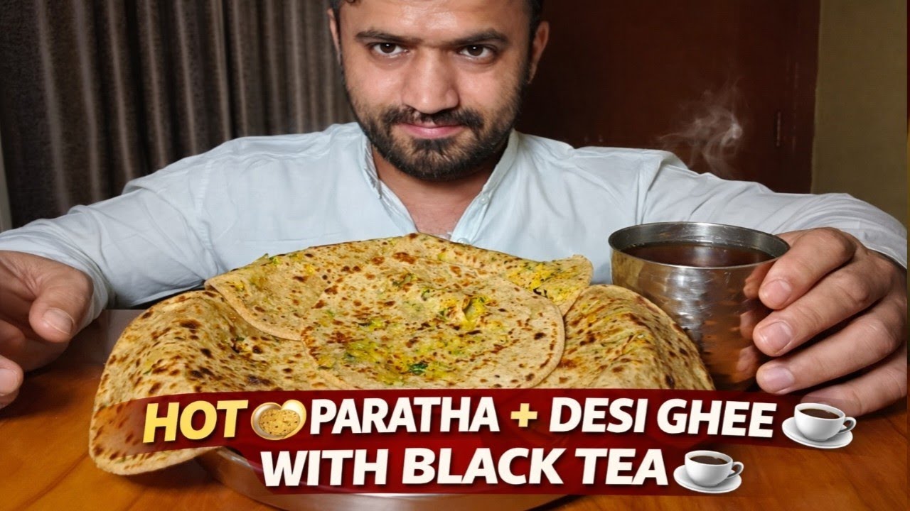 HOT GOBI PARATHA + DESI GHEE 🫓 WITH BLACK TEA ☕ | DESI INDIAN BREAKFAST MUKBANG #food #indianfood 