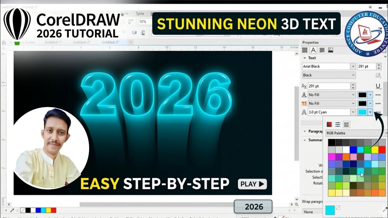 CorelDRAW 2026 Text Design Tutorial | Amazing 3D Text Effect in Corel@AdvanceComputerEducationCentre