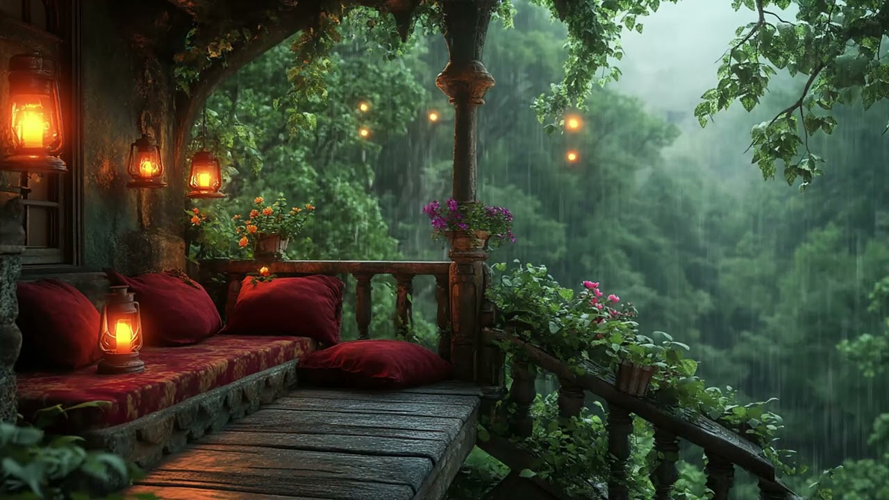 ASMR Cozy Winter Rain Heard from a Balcony Above the Forest with Gentle Candle Glow