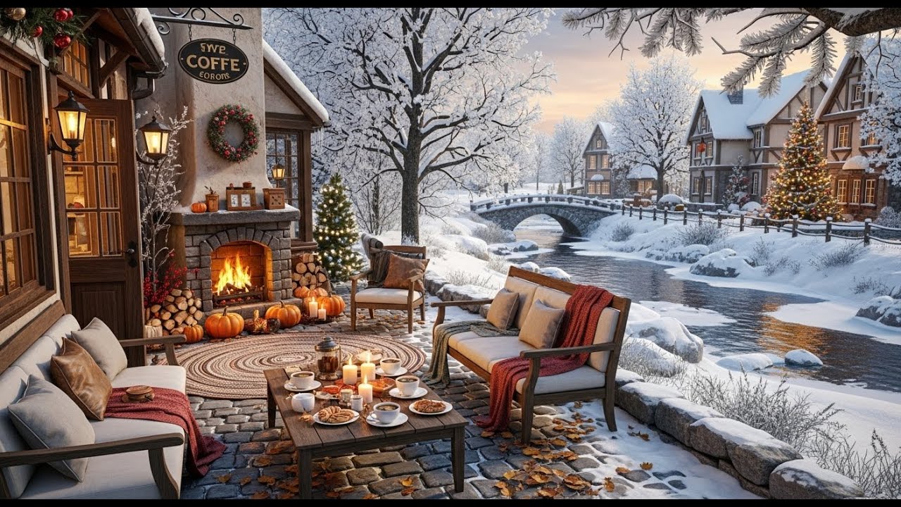 Smooth Winter Jazz Music ❄ Cozy Outdoor Coffee Shop Ambience for Stress Free Working