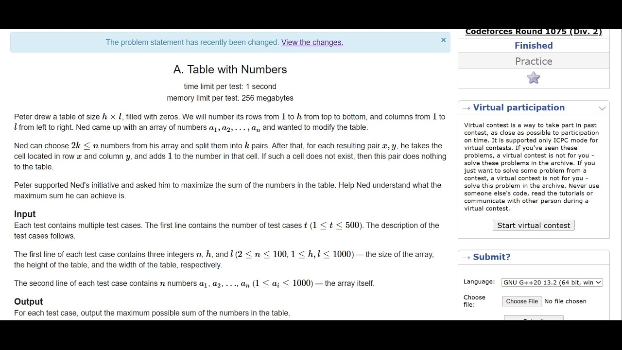 A. Table with Numbers | Codeforces Round 1075(Div 2)