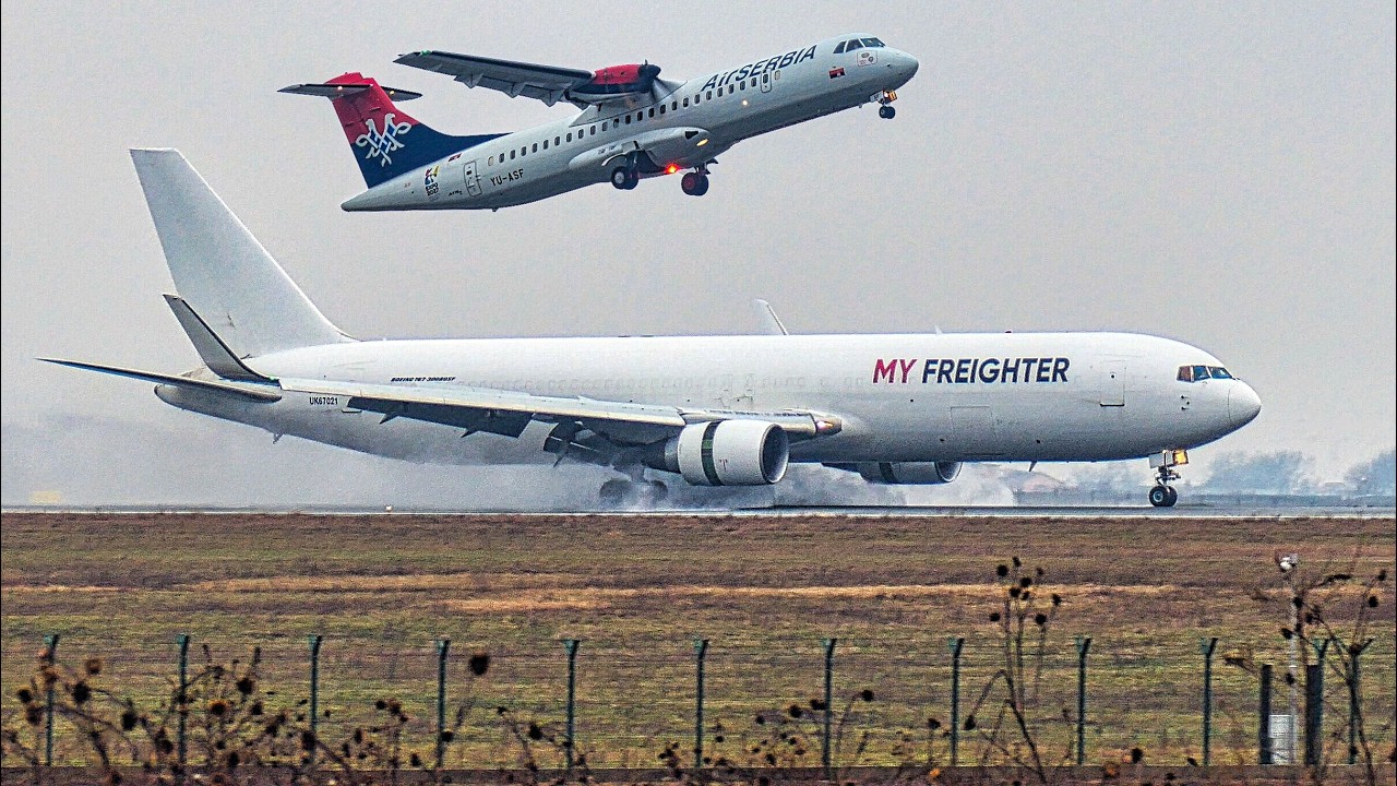 WET RUNWAY PLANESPOTTING at BELGRADE AIRPORT 🇷🇸 GO AROUND, B787, B767F + MORE
