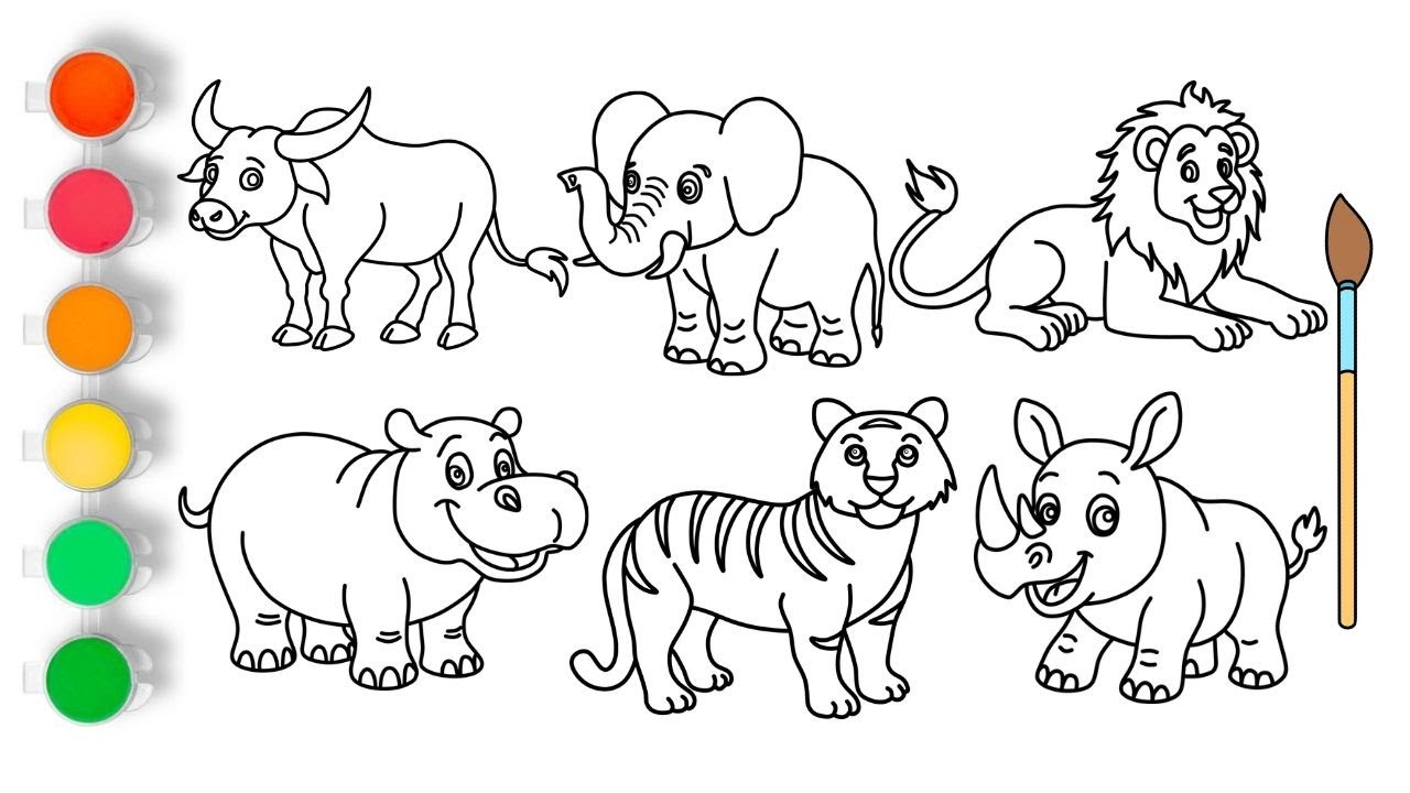 How To Draw Wild Animals For Kids | Buffalo , Hippo , Lion , Tiger , Elephant & Rhinoceros