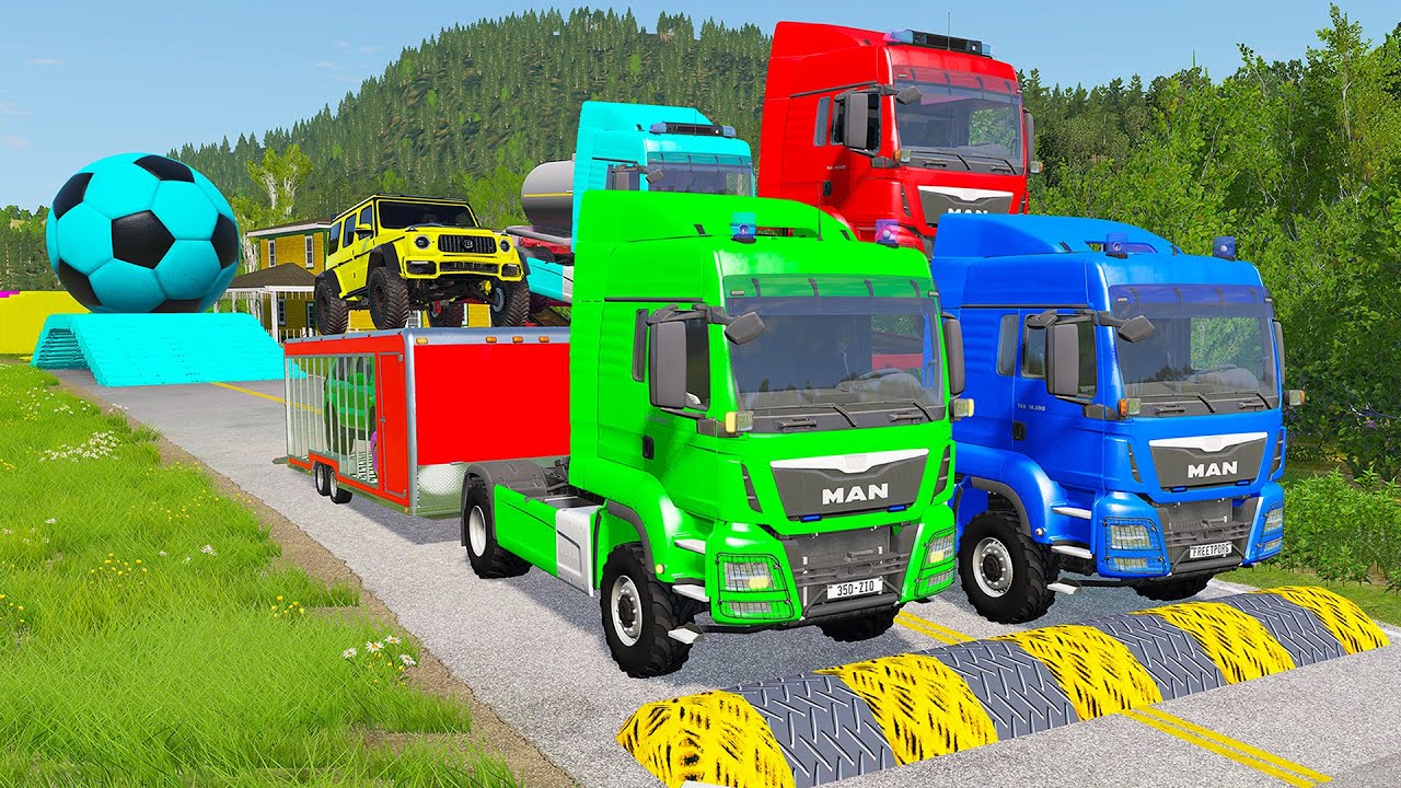 Triple Flatbed Trailer McQueen Transportation with Truck - Speedbumps vs Cars vs Train - BeamNG #109