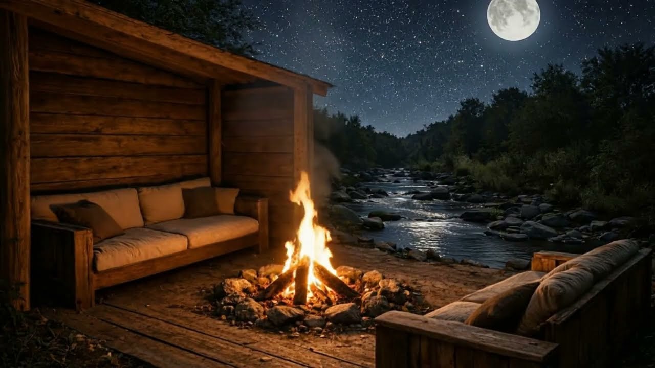 Falò Notturno e Ruscello Delicato per Sonno Profondo e Rilassamento