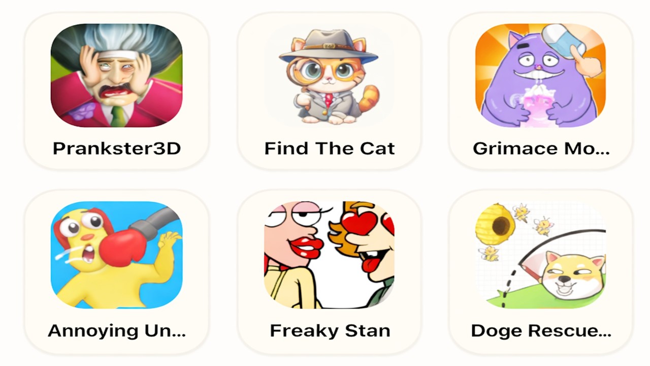 Grimace Monster Scary Survival, Prankster 3D, Freaky Stan, Doge Rescue, Annoying Uncle Punch Game