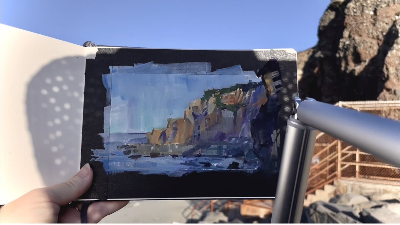 How to Paint Seascapes Cliffs in Gouache with Etchr Slate Mini and Cellulose sponge