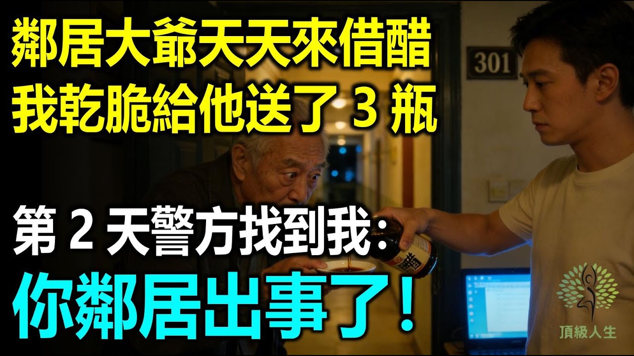 鄰居大爺天天來借醋，我乾脆給他送了3瓶，結果第二天警方找到我：你鄰居出事了！