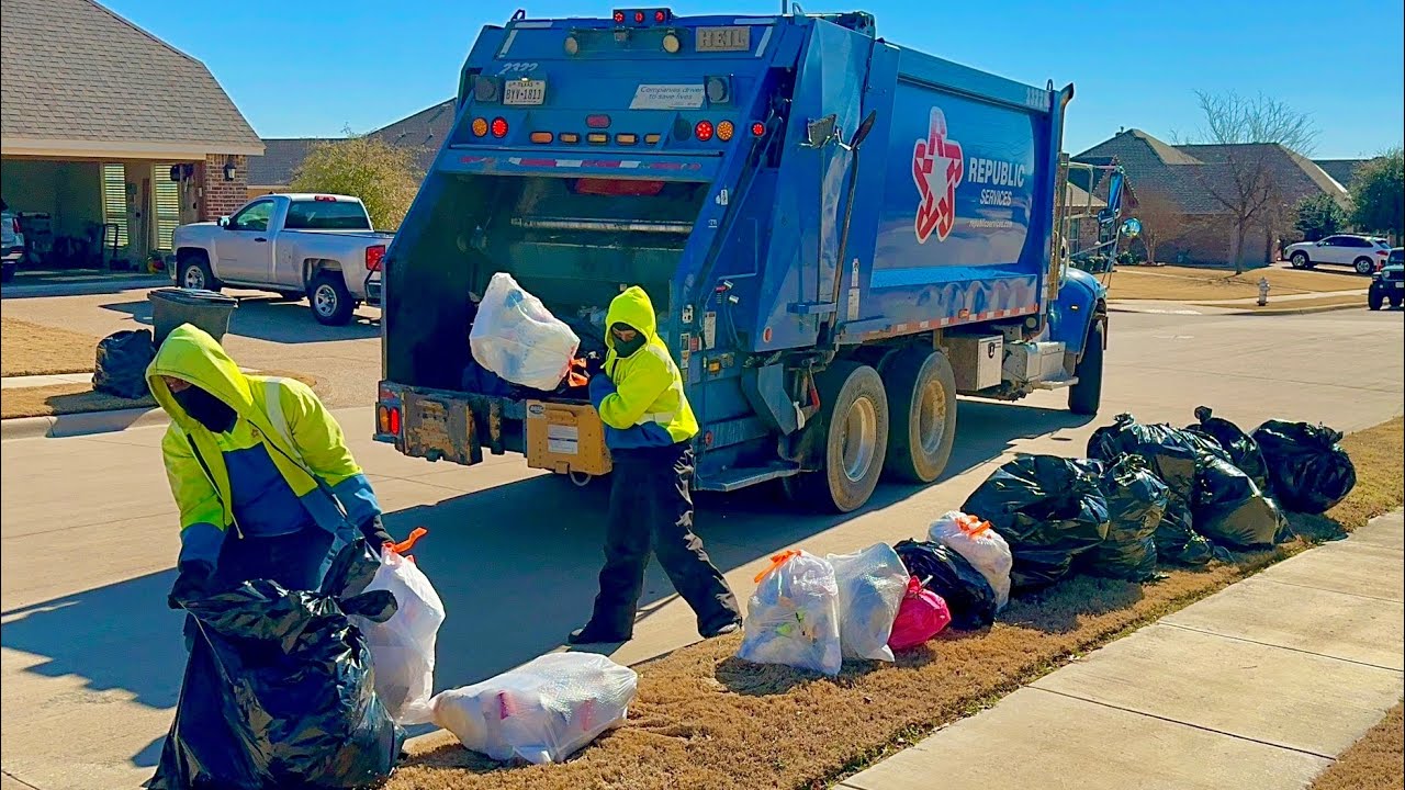 Republic Services Pete Heil 5000 Rear Loader Garbage Truck Packing Tons of Post Storm Trash Bags! 