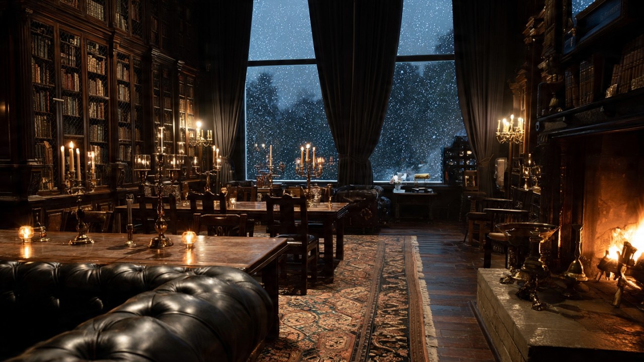Deep focus in a Victorian library📜🕯️| snowy night and fireplace sounds 🕰️