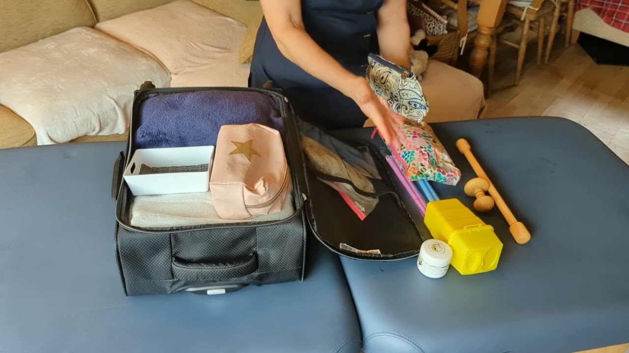What I carry in my suitcase as mobile massage therapist.