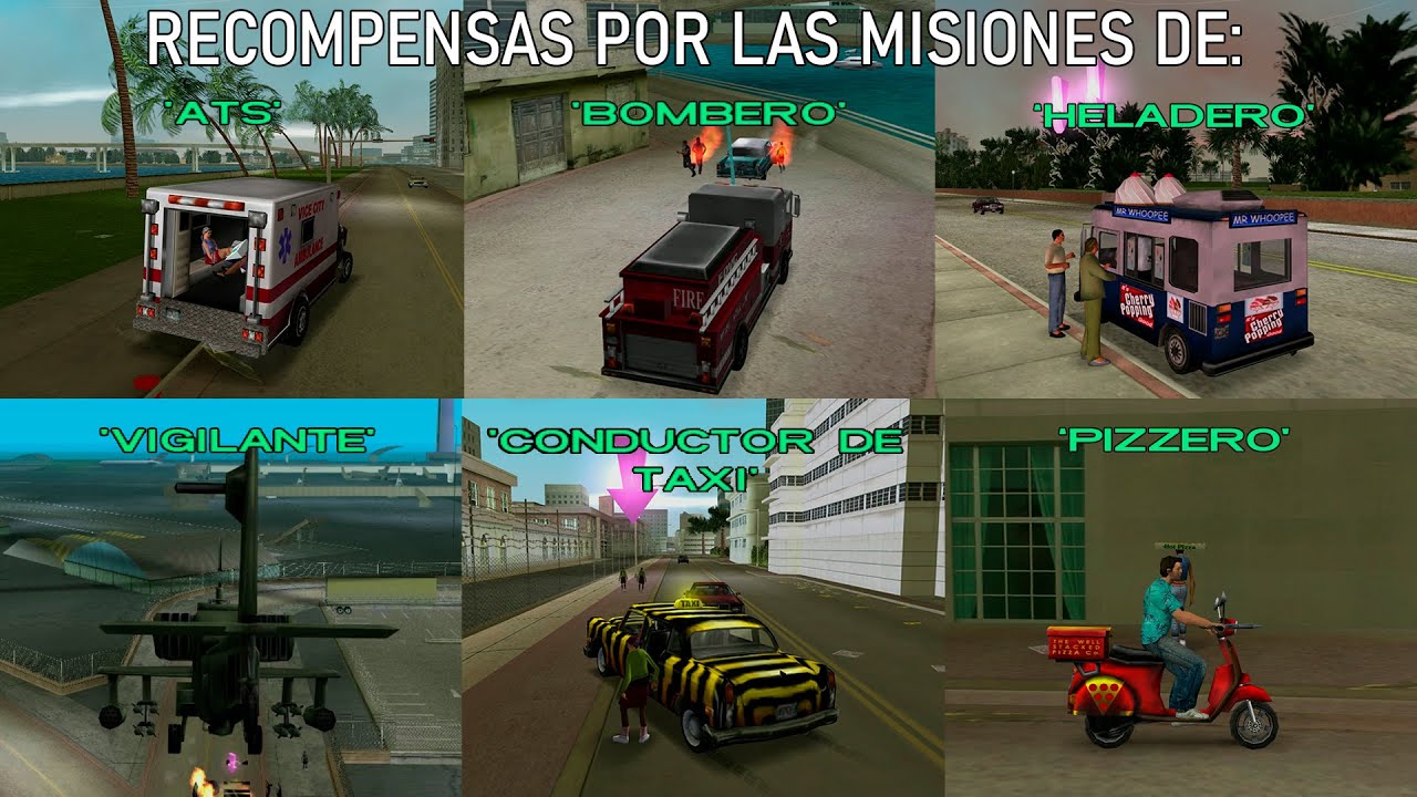 Награды за миссии GTA Vice City: фельдшер, пожарный, мороженщик, охранник, таксист и продавец пиццы.