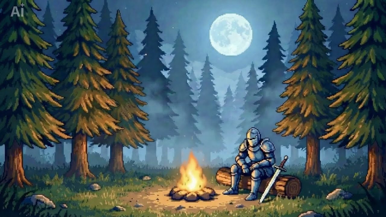 Night by the Fire 🌙 with the Rising Knight __ Pixel Art Relaxing Ambience