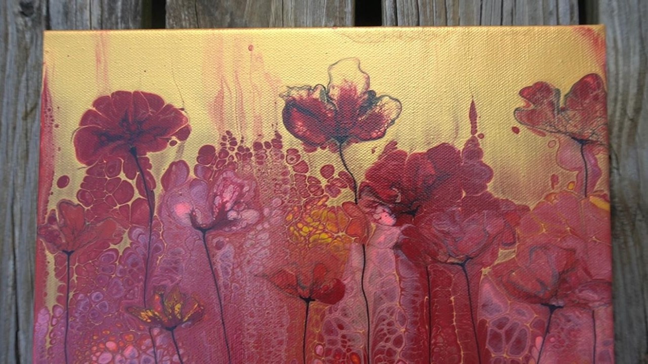 SOLD! Red Flower Pops inspired by @LoriHoustonArt Fluid Art / Acrylic Pouring (156)