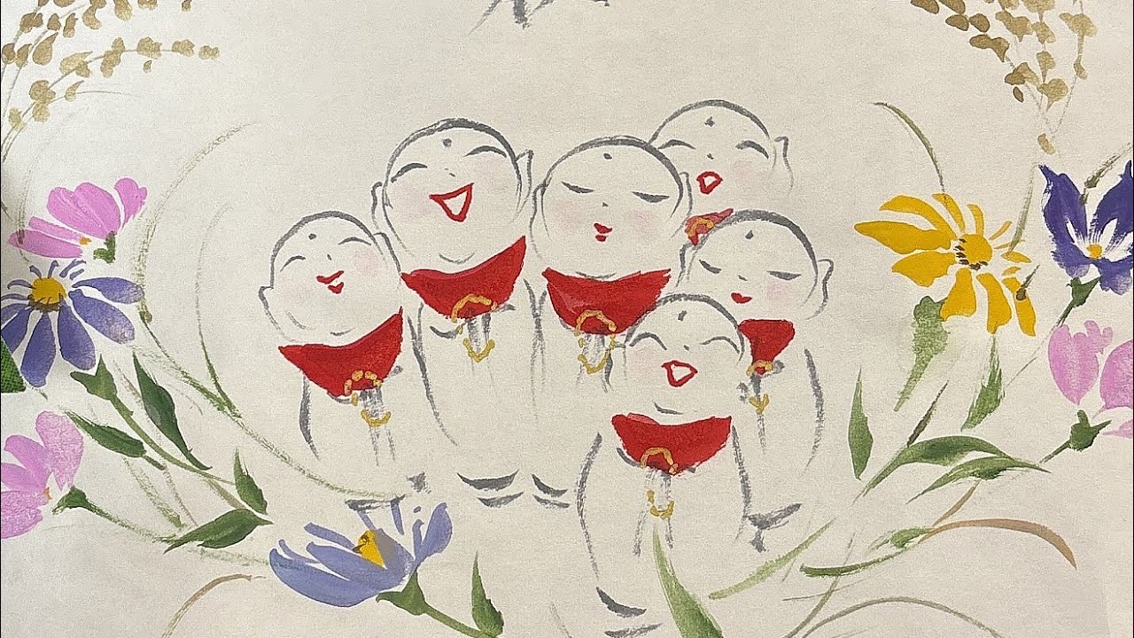 地蔵盆の絵　六地蔵と秋の花Drawing the Six Jizo Statues and Autumn Flowersほのぼの一筆画33🙏2025