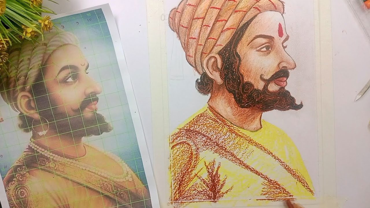 How to draw Chhatrapati Shivaji Maharaj, pastel colour 