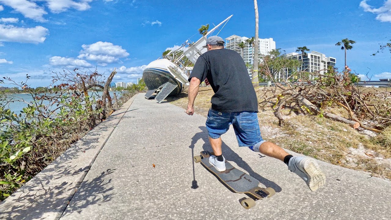 Longboard street session ended with a boat found washed ashore after hurricane Milton (Sarasota)