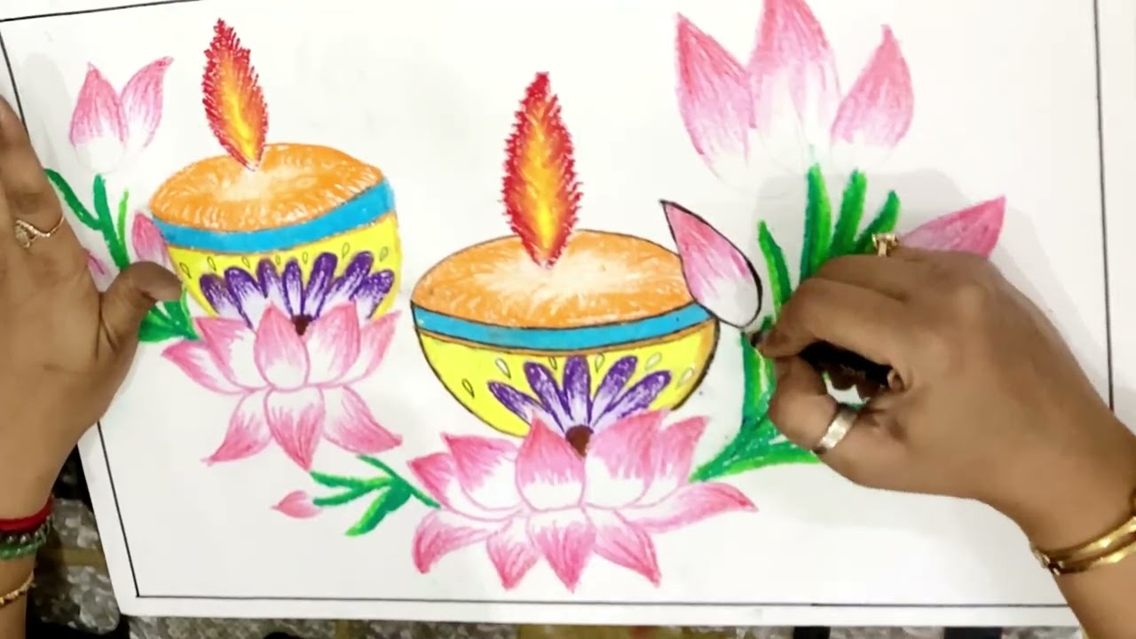Lotus drawing / Diwali Diya drawing with lotus / drawing of Diya/ lotus/ flower drawing #diyadrawing