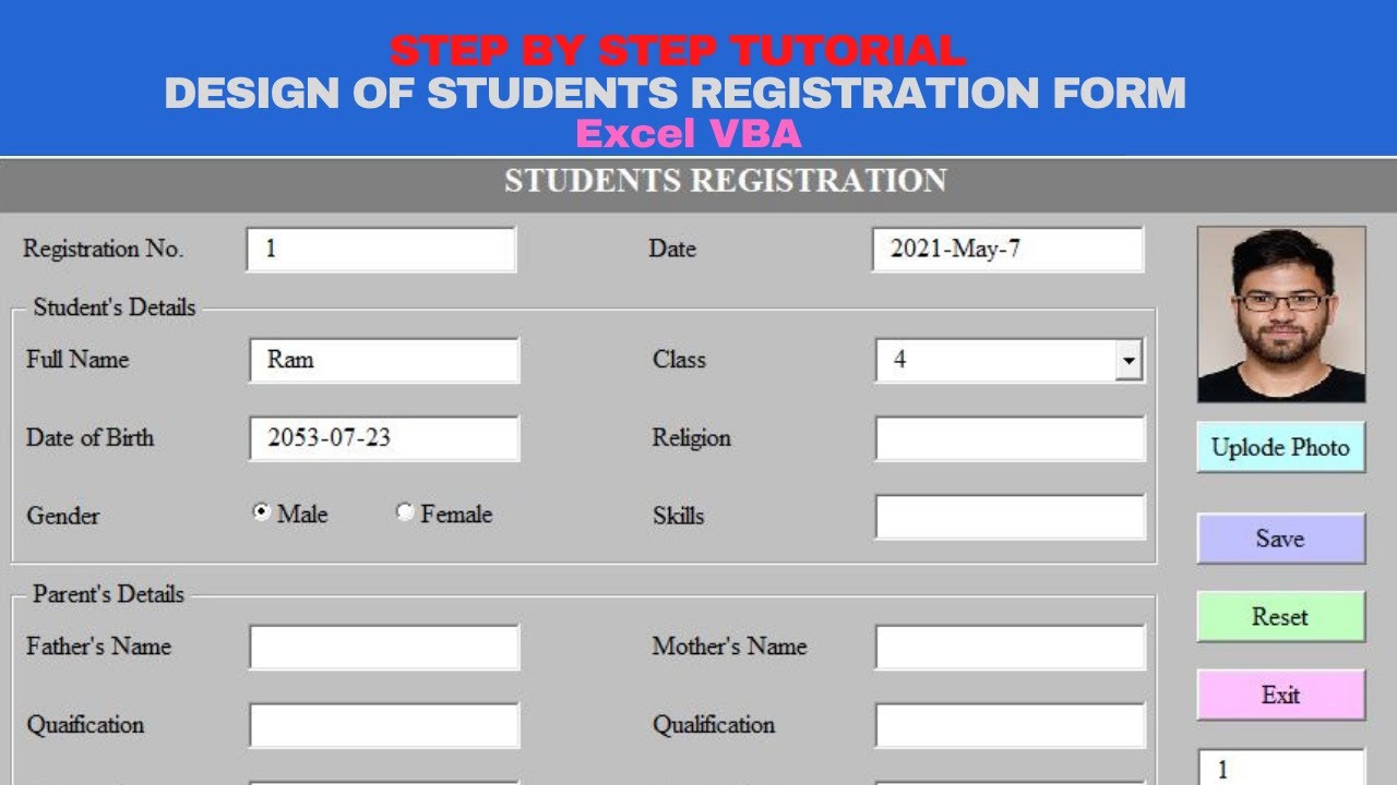 Student Registration  UserForm | Add Data | Reset | Exit | Search | Update | Delete |