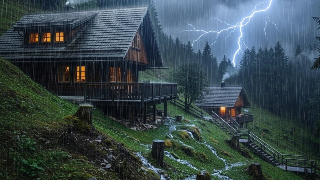 Rainy Forest Night from a Cozy Cabin with Thunder | Peaceful Storm Sounds for Deep Sleep (3 Hours)