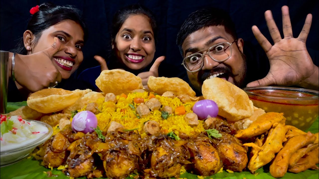 Soya Rice, Chhole Puri, masala aloo, Kela pakoda,raita 🔥🔥🤤🤤👌eating challenge 👌👌