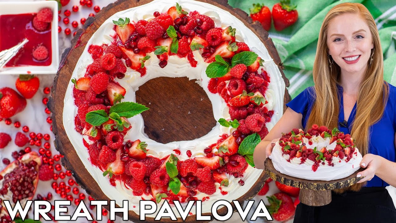 Christmas Wreath Pavlova with Berries & Mascarpone Whipped Cream - Holiday Desserts