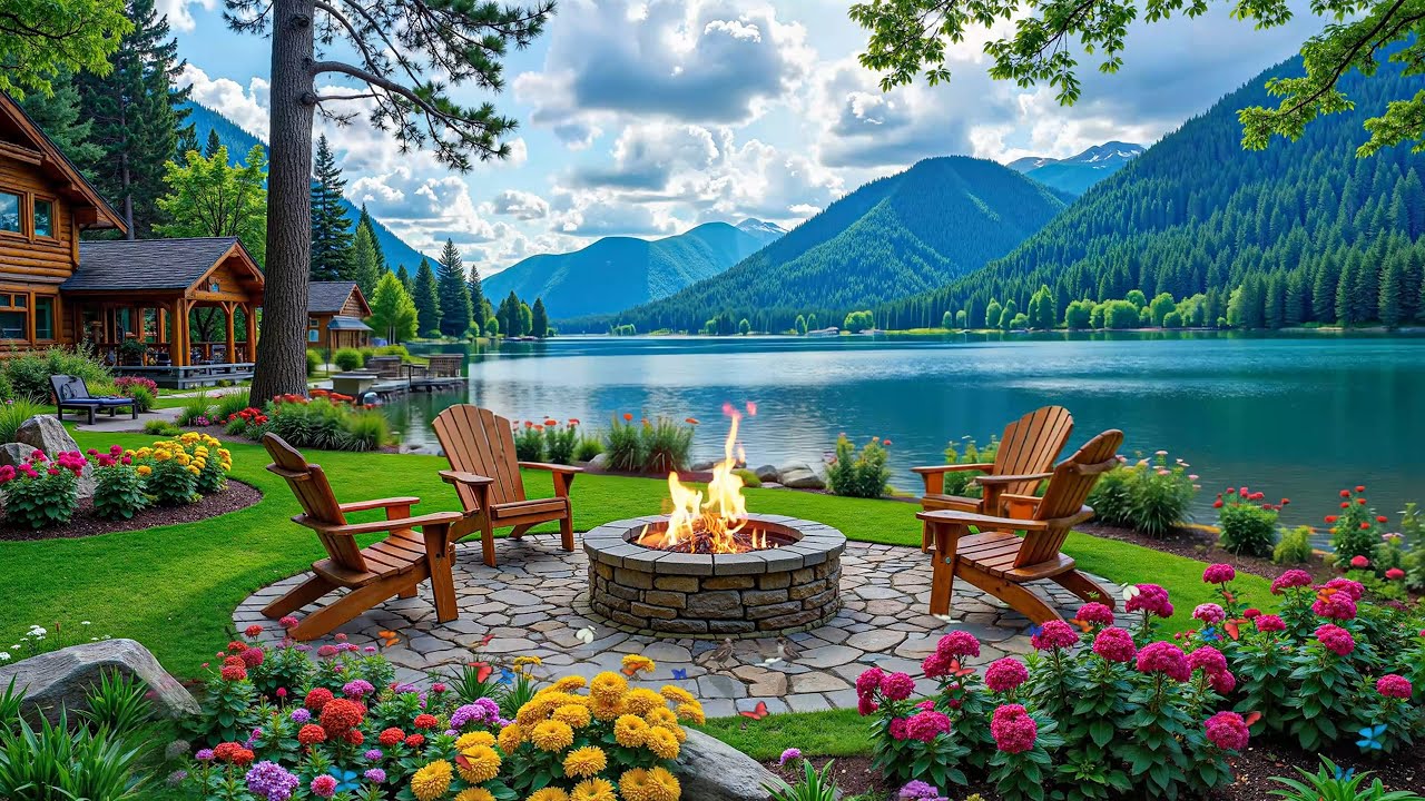 Peaceful Spring Riverside Cabin at Sunset 🔥🌺 Cozy Piano Music with birdsongs for Relaxation