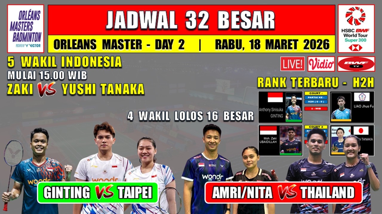 Jadwal 32 Besar Orleans Master 2026 Hari Ini ~ GINTING vs TAIPEI ~ AMRI/NITA vs THAILAND ~ 5 WAKIL