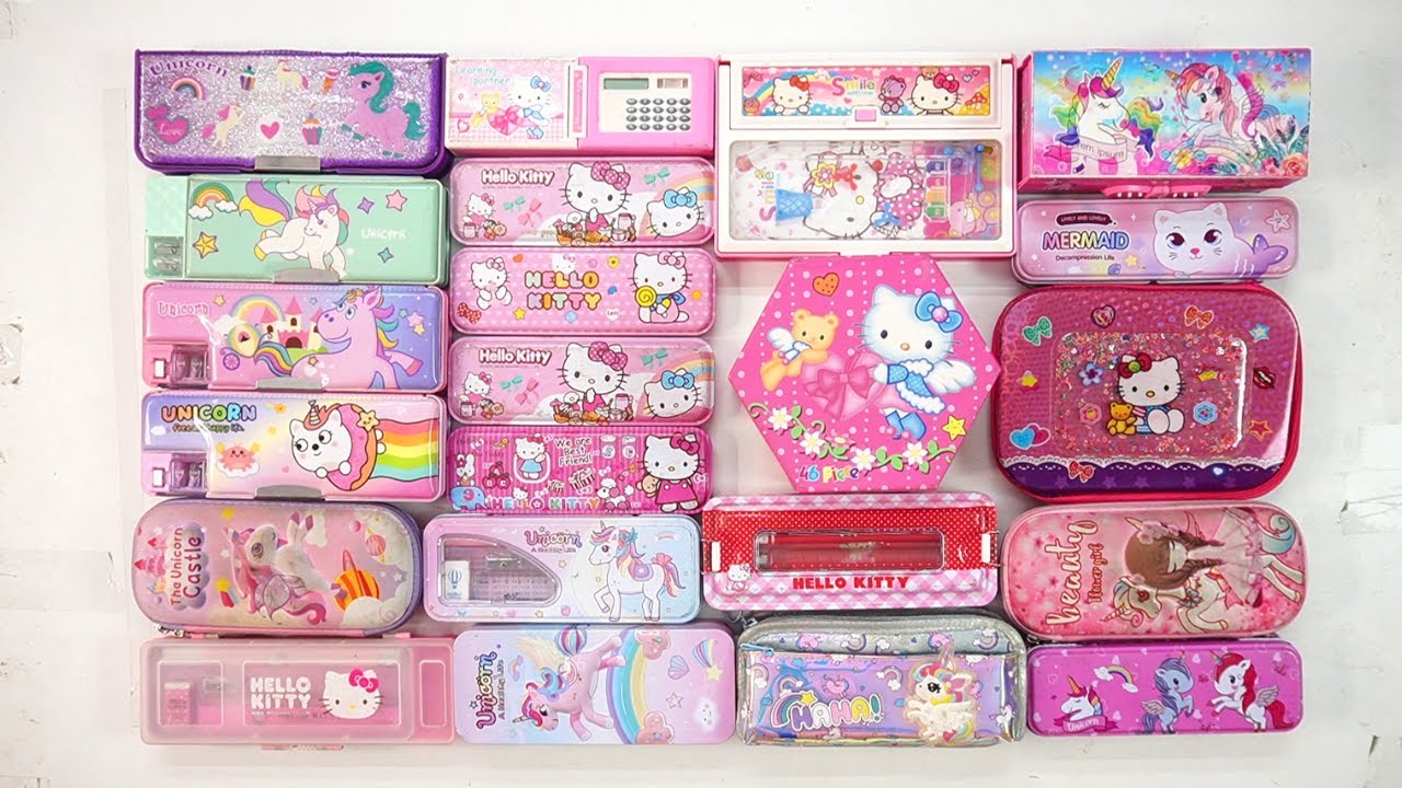 latest unicorn pink stationery collection 😁 geometry,hello kitty,pencil box,sharpener,eraser,pouch