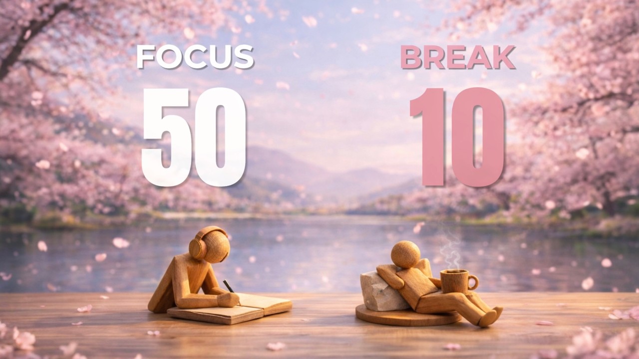 Sakura Spring Study Timer | Pink Noise | 50/10 Pomodoro ×5 | 5 Hours Deep Focus