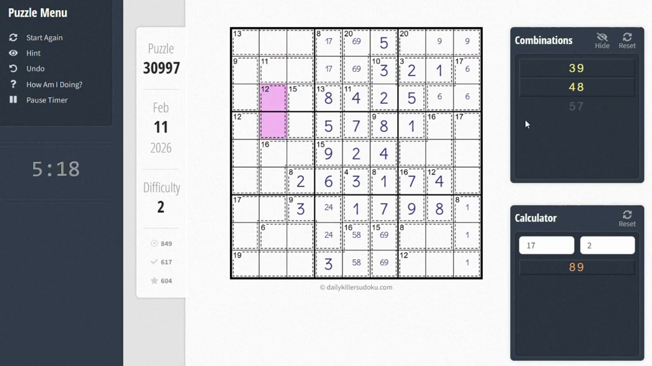 Sudoku recording 260211⭐️Daily Killer Sudoku - Difficulty 2⭐️Puzzle : 30997 #puzzle #sudoku #killer