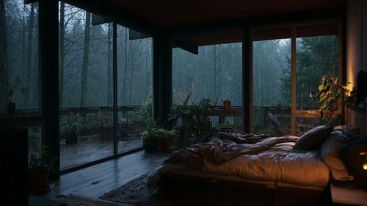 Peaceful Rainy Night in Cozy Pine Forest Cabin 🌧️ Warm Lamp & Books for Deep Sleep Tonight