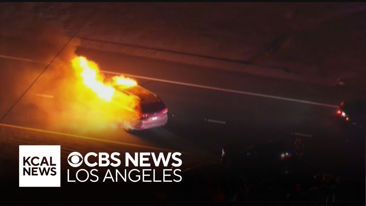 Minivan catches on fire after police pursuit near Fontana