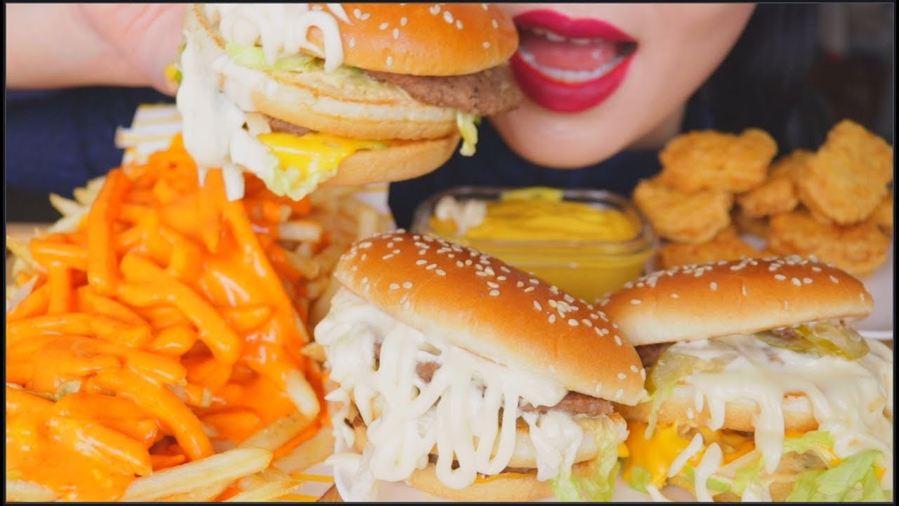 ASMR  EXTRA SAUCY BURGERS FRIES AND NUGGETS | MCDONALD'S | EATING SOUNDS