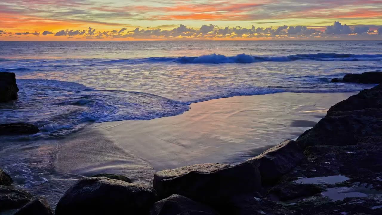 Australian Beach After Sunset with Beautiful Orange Glow, Nature ASMR, 2H in 4K