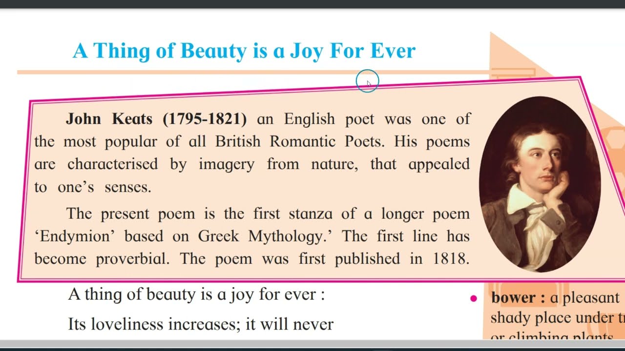 Class 10, English, 4 1, A Thing of Beauty is a Joy Forever, Hindi explanation with answers.