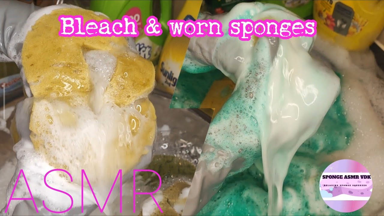 ASMR _ 4 Litres Bleach squeezes🤍 Worn sponges final squeezes🫧🧽 Green sudsy rinse & ripping