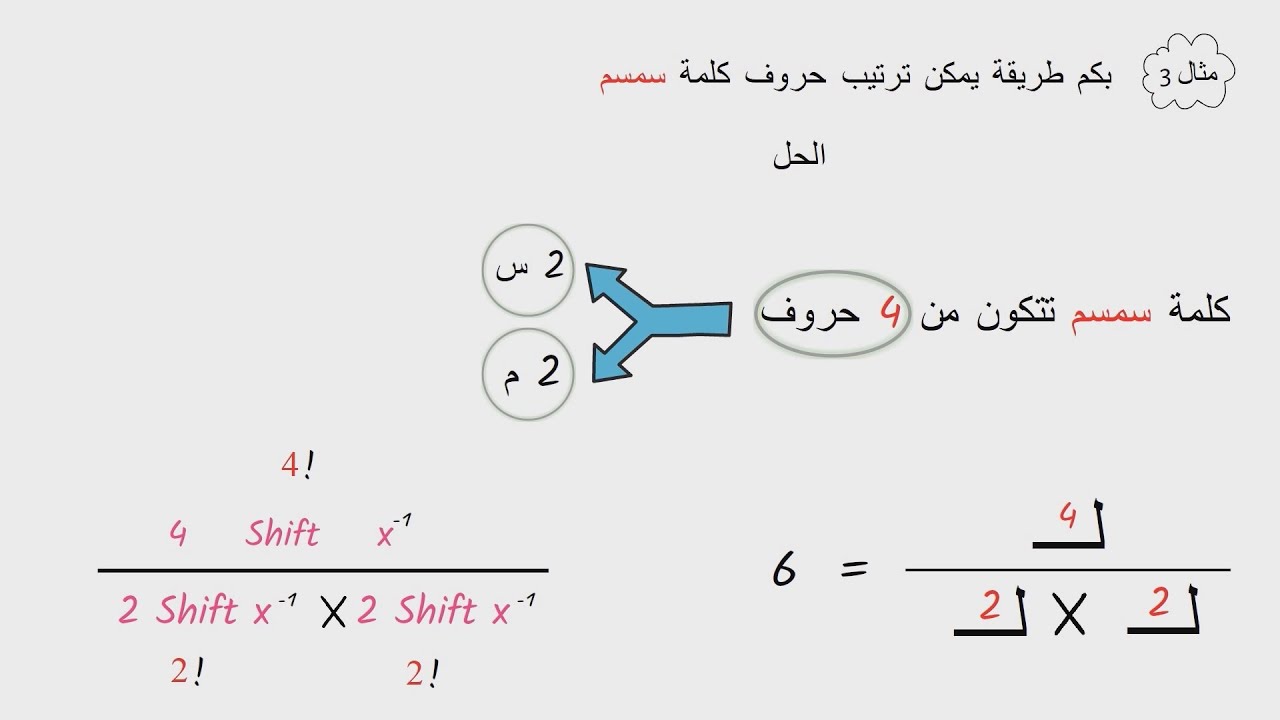 التباديل والتوافيق معادله كليه تجاره - ترتيب حروف كلمة - حروف متشابهة او حروف مختلفة - مثال مهم جدا