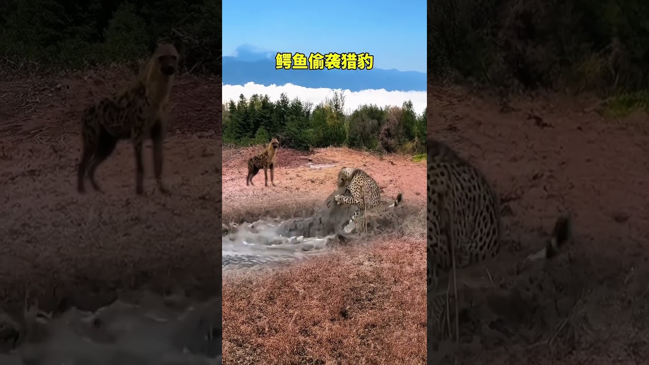 Hiena obserwująca krokodyla z ukrycia lamparta Świat zwierząt Fantastyczne zwierzęta są tutaj Anima