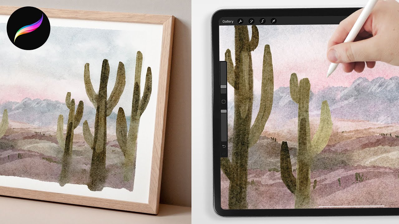 Учебное пособие по Procreate // Простой акварельный пейзаж пустыни с кактусом
