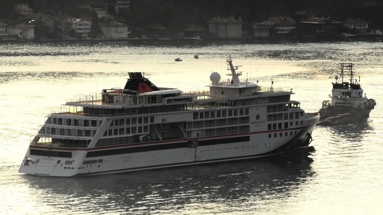Hapag-Lloyd Cruises' new ship HANSEATIC SPIRIT passing Istanbul strait under tow to Norway
