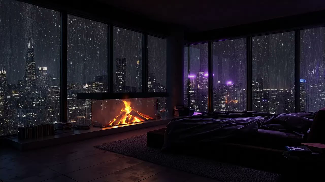 Late Night Rain Ambience 🌧️ | Soft Piano and Fireplace for Study and Meditation