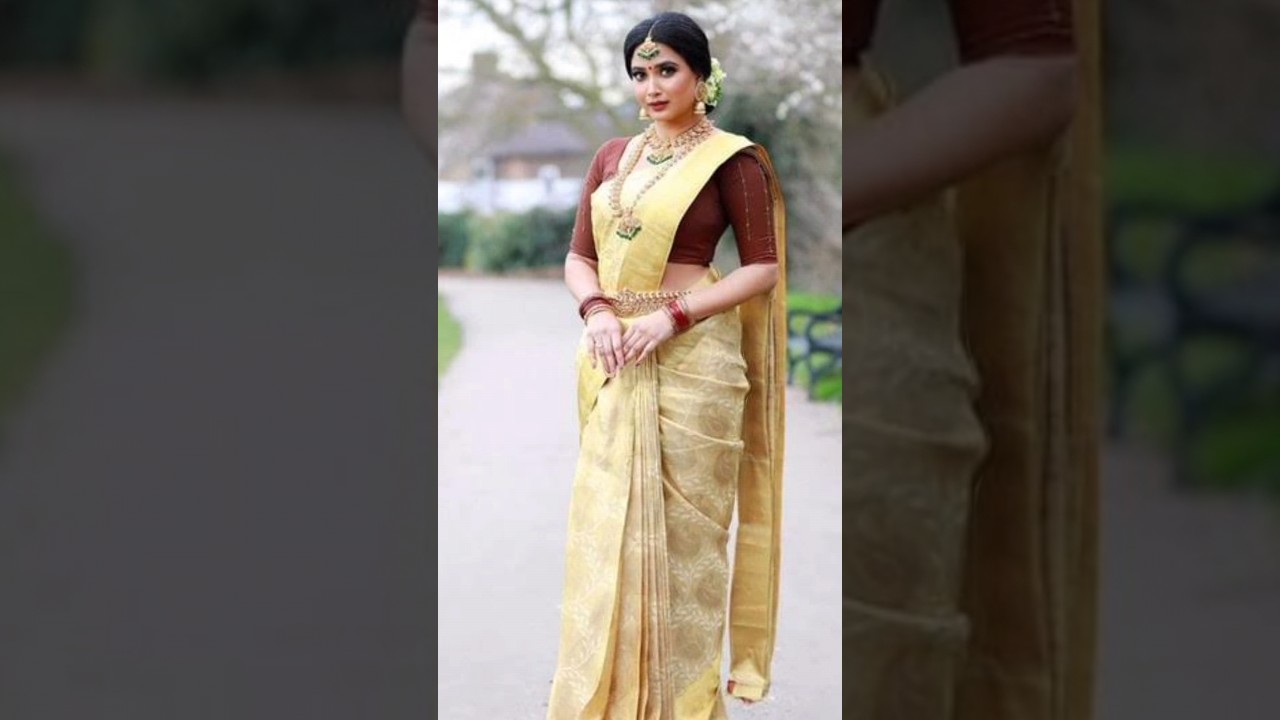 Golden saree with contrast blouse ideas ✨✨#fashion #saree #blouse