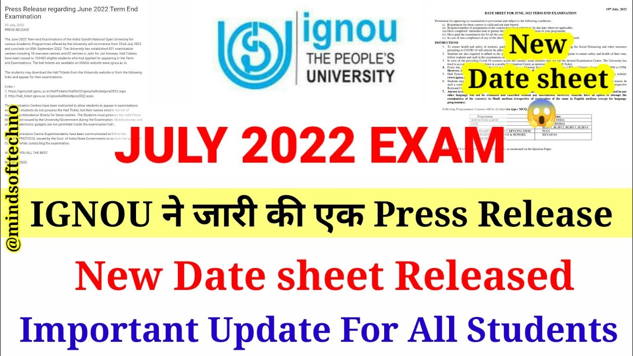 IGNOU JULY 2022 Exam Important Press Release | IGNOU Release New Final Datesheet 😱 Important Update