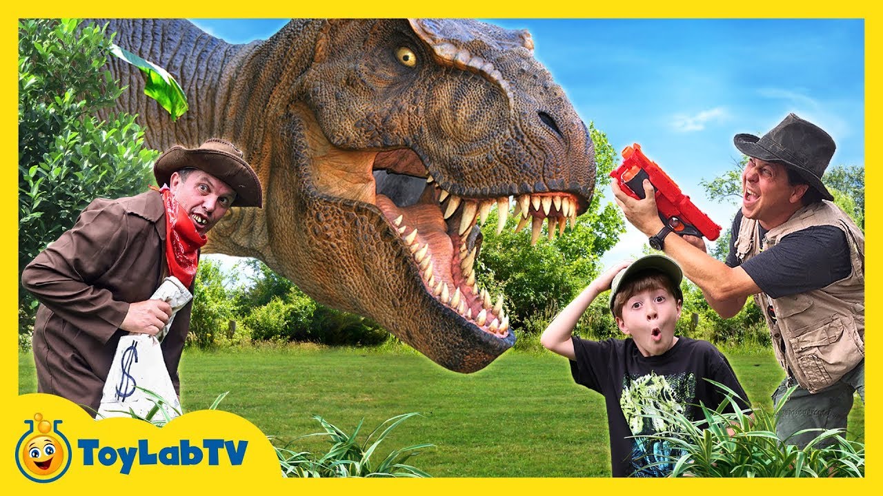 Giant Life Size T-Rex Chase & Brachiosaurus Dinosaur in Fun Jurassic Dinosaurs Video for Kids