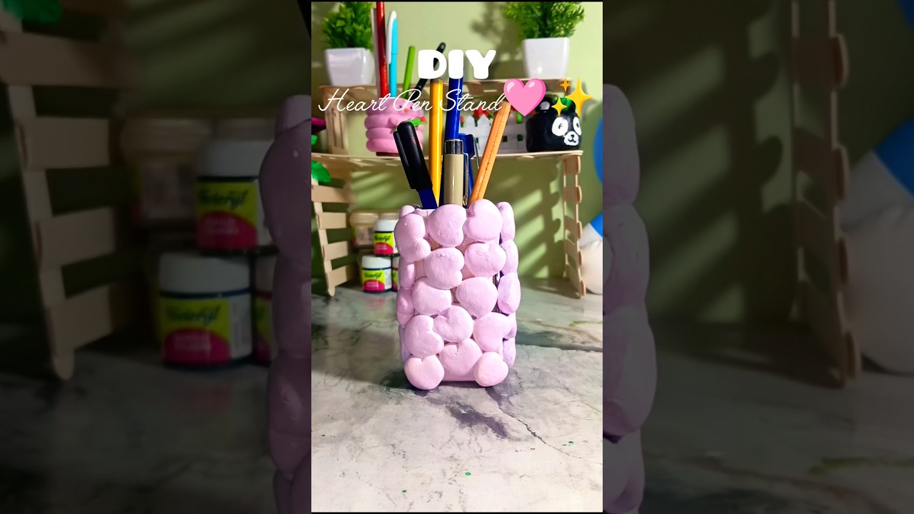 DIY Heart Pen Stand 💝 | Cute Desk Organizer | Aesthetic Clay Craft 2025 #diy #craft #yt #shorts