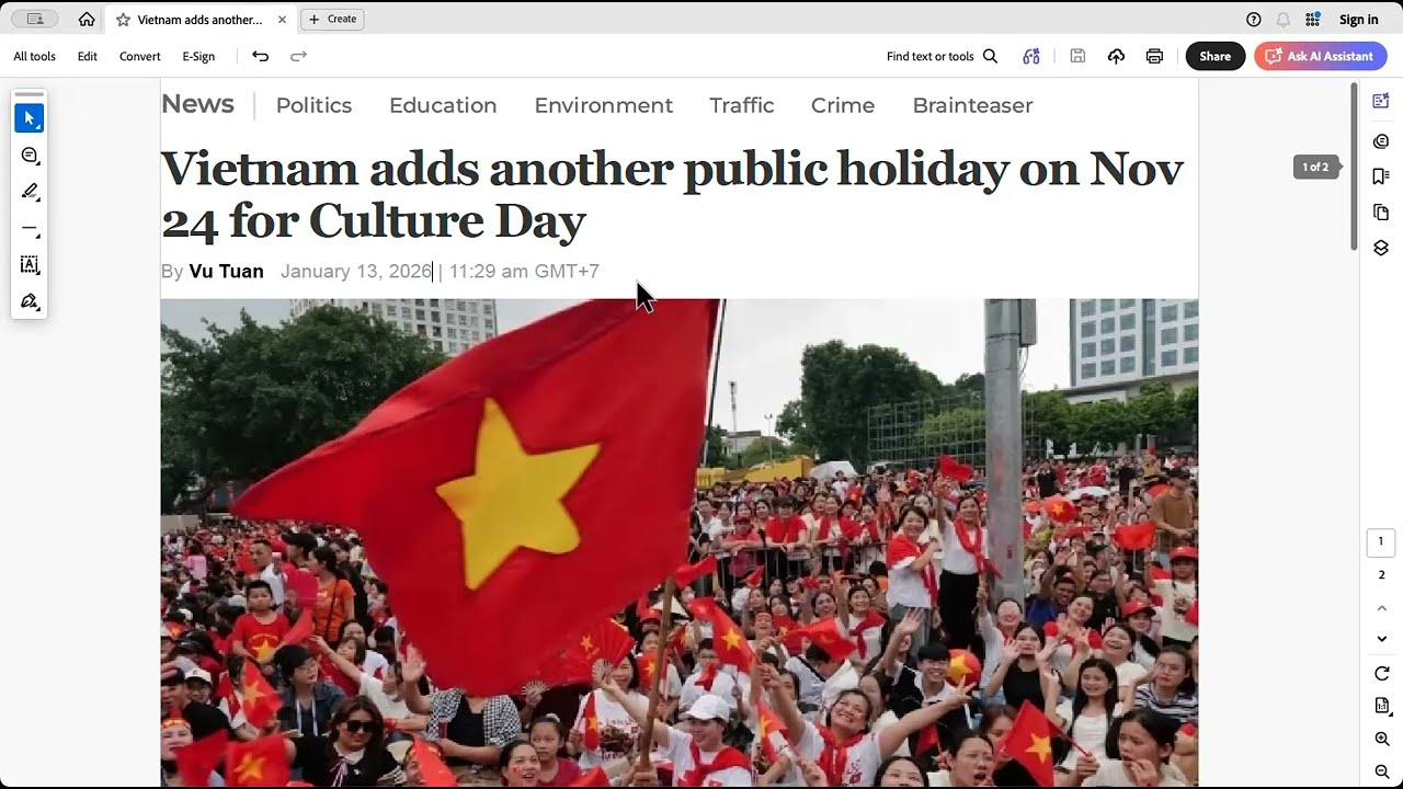 20260220 _ Cùng đọc báo tiếng Anh _ Vietnam adds another public holiday on Nov 24 for Culture Day