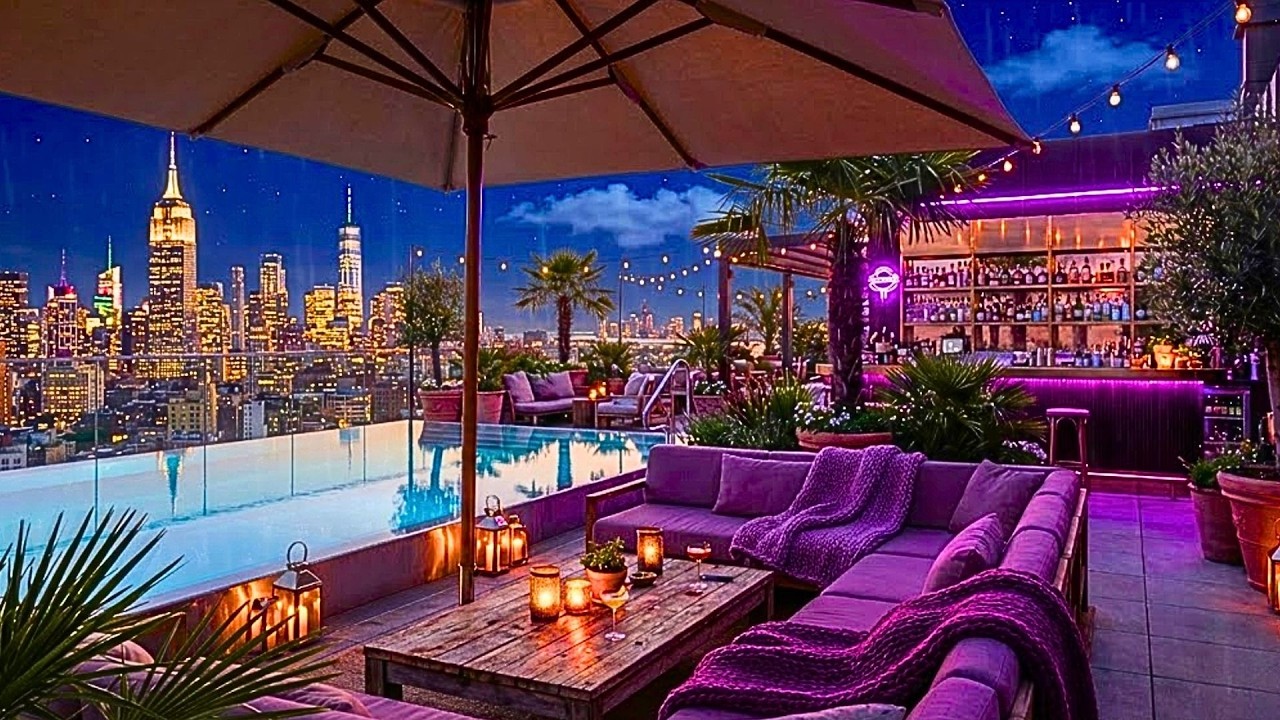 Retro New York Rooftop Lounge 🌆🌧️ Calm Lofi Hip Hop Music with Rain Ambience