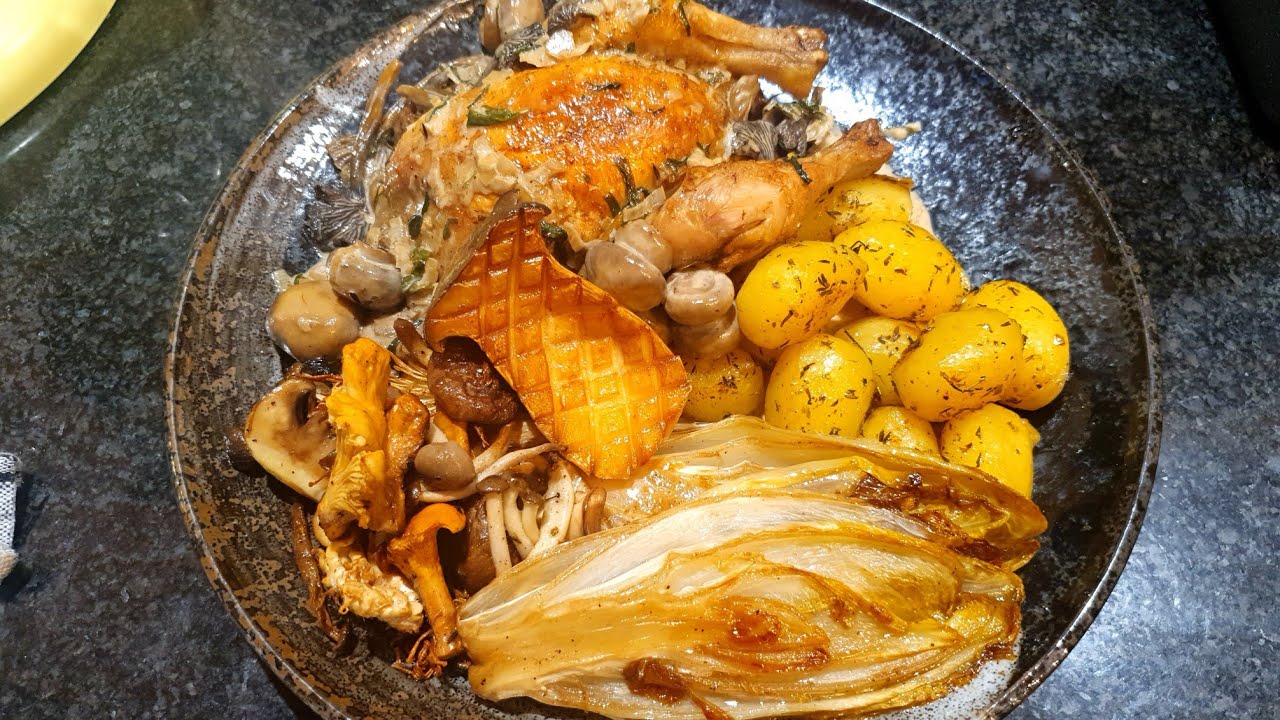 wild mushroom poussin chicken recipe with creamy tarragon, baby potatoes and Belgian endive